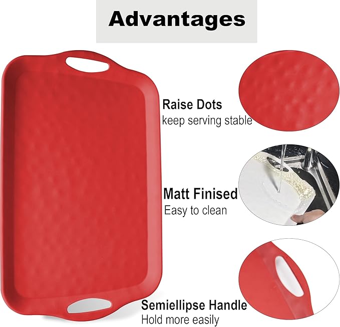 Extra Large Serving Tray with Handles 20x13 inch Set of 2 Melamine Platters for Serving Food Turkey Cookie Rectangular Trays for Eating Raised Dots Matt Finished Dishwasher Safe Red