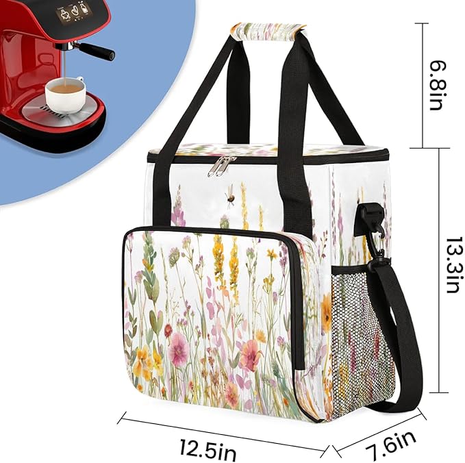 Flowers Watercolor Summer Coffee Maker Carring Bag Travel Carrying Storage Tote Bag Compatible Portable Single Serve Coffee Brewer Case with Pockets for K-cup Pods