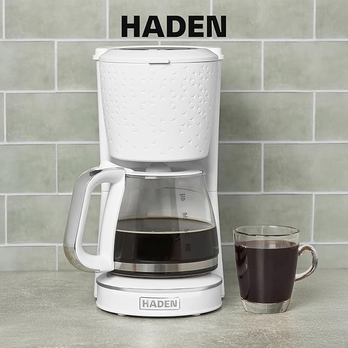 HADEN Starbeck Coffee Machine 10 Cup Automatic Drip Coffee Maker with Anti-Drip Function and Reusable Washable Water Filter White &amp Chrome