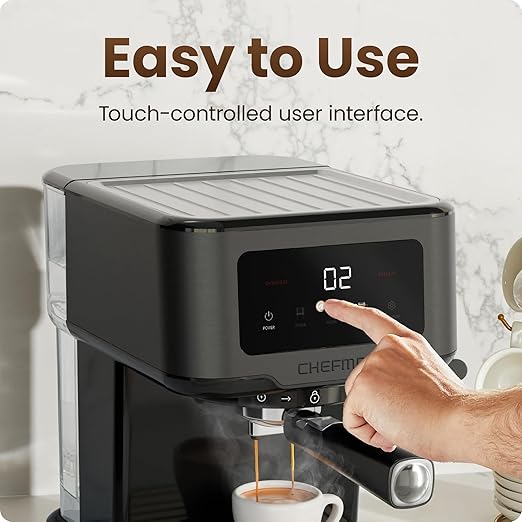 Chefman CraftBrew Espresso Machine 15-Bar Pump Digital Espresso Maker w/Steam Wand for Latte &amp Cappuccino Compact Espresso Coffee Machine w/ 1.5L Removable Water Reservoir - Stainless Black