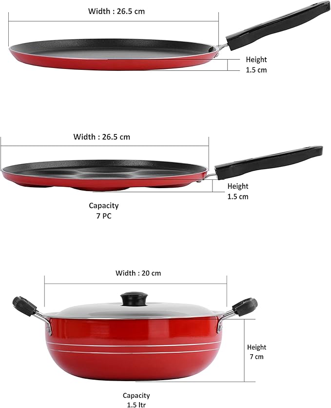 Sumeet 2.6mm Thick Non-Stick Strawberry Combo set (Dosa Tawa – 26.5cm Dia + Multi snack maker – 26.5cm Dia + Kadhai With Lid – 1.5Ltr capacity- 20cm Dia)