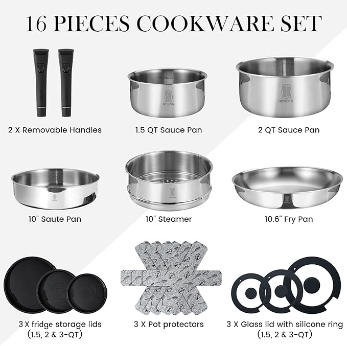ROYDX16 PCS Pots and Pans Set18/10 Stainless Steel Cookware Set with Adjustable Detachable Handles for RVhome Dishwasher Safe and Oven Safe