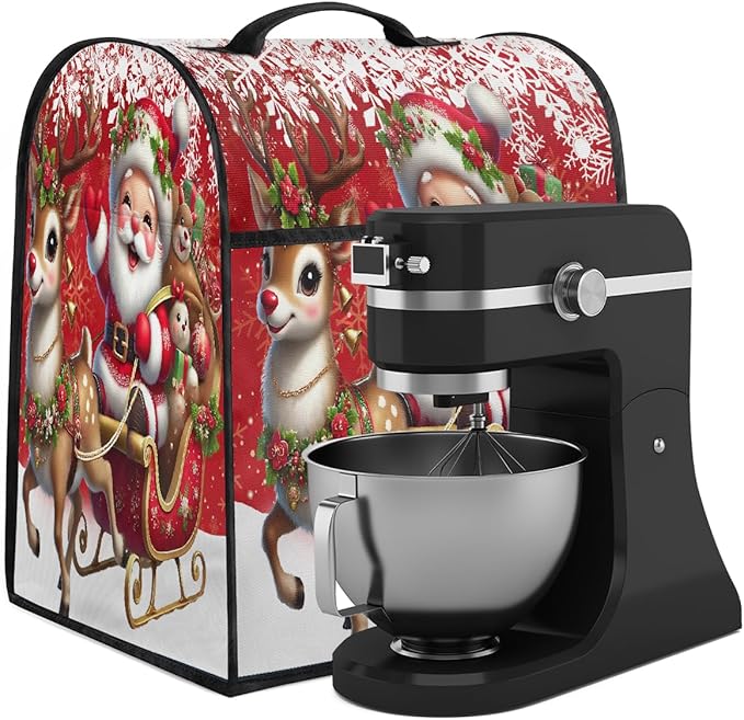 cfpolar Kitchen Aid Mixer Cover Compatible with 6-8 Quarts Christmas Elk Bell Santa Claus Stand Mixer Cover Kitchen Aid Mixers Accessories Appliance Organizer Bag Dust Covers with Zipper Pocket