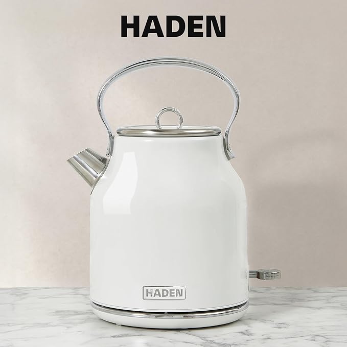 Haden Heritage 1.7 Liter Stainless Steel Body Retro Electric Tea Kettle with 2 Slice Wide Slot Stainless Steel Bread Toaster White