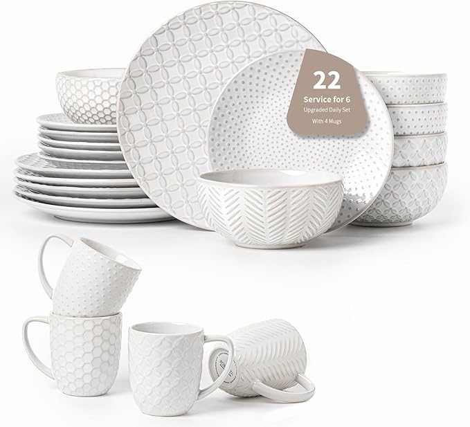 22-Piece Ceramic Dinnerware Set with Mugs Service for 6 – Versatile Plates Bowls &amp Mugs for Daily Use Stain-Resistant &amp Easy to Store