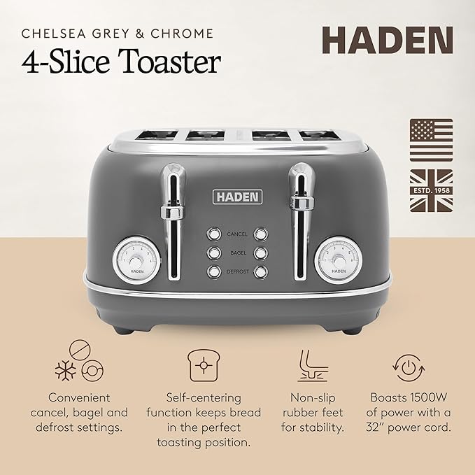 Haden Chelsea 4-Slice Wide Slot Stainless Steel Toaster with Adjustable Browning Control &amp Non-Slip Feet Grey &amp Chrome