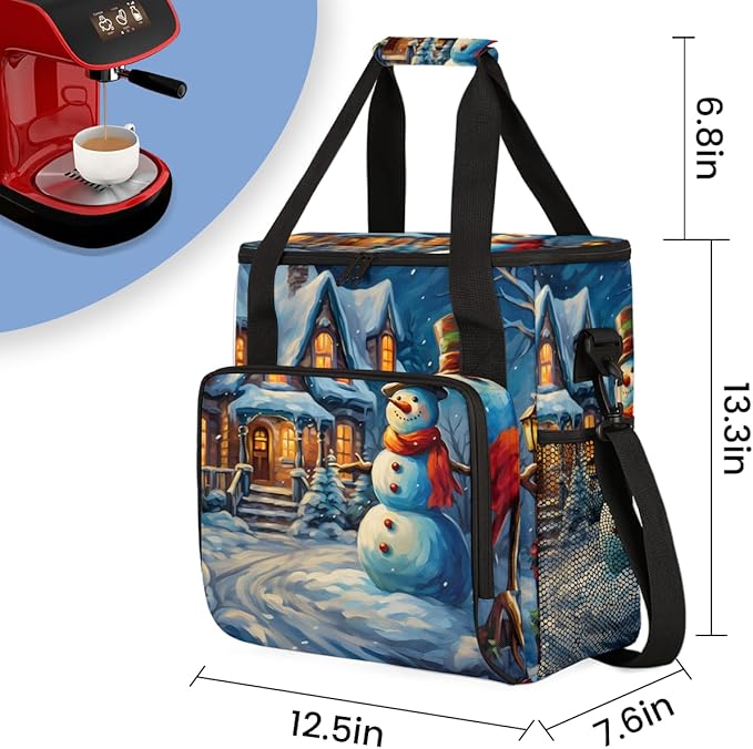 Xmas Snowman Coffee Maker Carrying Bag Abstract Snowman Travel Storage Bag Compatible with K-Mini or K-Mini Plus Single Serve Coffee Brewer Carrying Case with Multiple Pockets &amp Shoulder Strap
