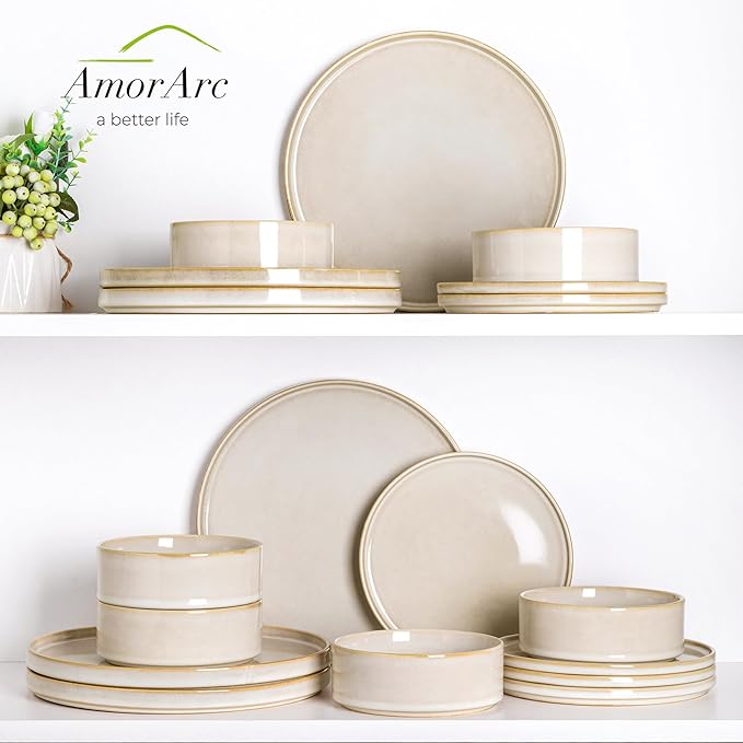 AmorArc Ceramic Dinnerware Sets Handmade Reactive Glaze Stoneware Plates and Bowls SetsHighly Chip and Crack Resistant | Dishwasher &amp Microwave Safe Dishes Set Service for 8 (24pc)