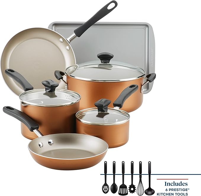 Farberware Cookstart DiamondMax Nonstick Cookware/Pots and Pans Set Dishwasher Safe Includes Baking Pan and Cooking Tools 15 Piece - Copper