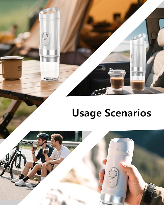 Portable Espresso Machine 3Minute Auto Heat12V Rechargeable Electri Coffee Maker 20 BaCompatible with NS DG Capsules and GroundCoffee for Camping Travelling RVing HikingandOffice (White)