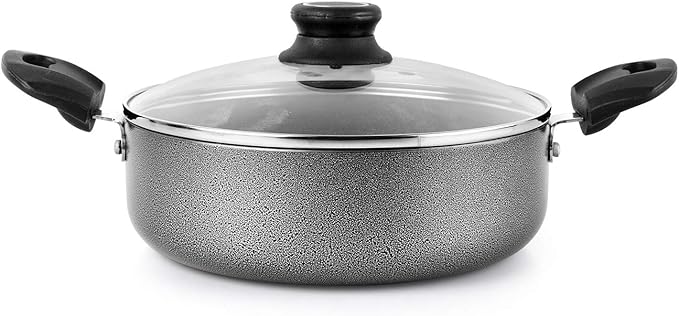 Cello Prima 3-Piece Non-Stick Aluminium Cookware Set – Hammertone (28 cm Dosa Tawa 22 cm Kadai with Glass Lid 22 cm Fry Pan) | Induction Base PFOA-Free Sturdy Handles Ideal Gift Set