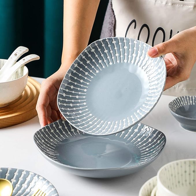 Ceramics Dinner Sets 42 Pieces Nordic Minimalist Style Cereal Bowl and Steak PlateRelief Porcelain Dinnerware Set for Family Gathering