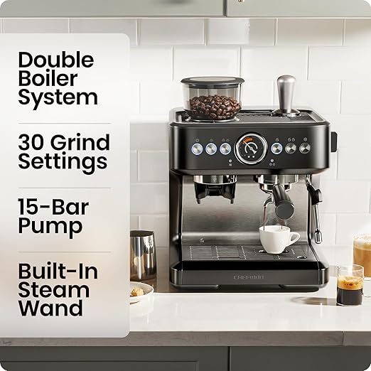 Chefman Crema Deluxe Espresso Machine with Double Boiler Use Milk Frother and Brew Espresso Simultaneously Professional Coffee Maker with Coffee Grinder and Steam Wand 30 Grind Settings