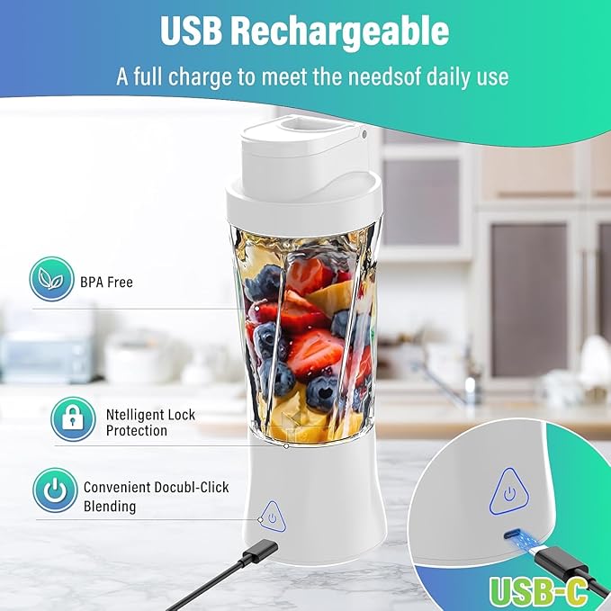 Portable Blender 360W Personal Blender for Shakes and Smoothies for Kitchen 24 Oz BPA Free Traveling Juicer Cup and Lid with 6 Blades Self Cleaning Portable Juicer for Kitchen/Travel/Gym White