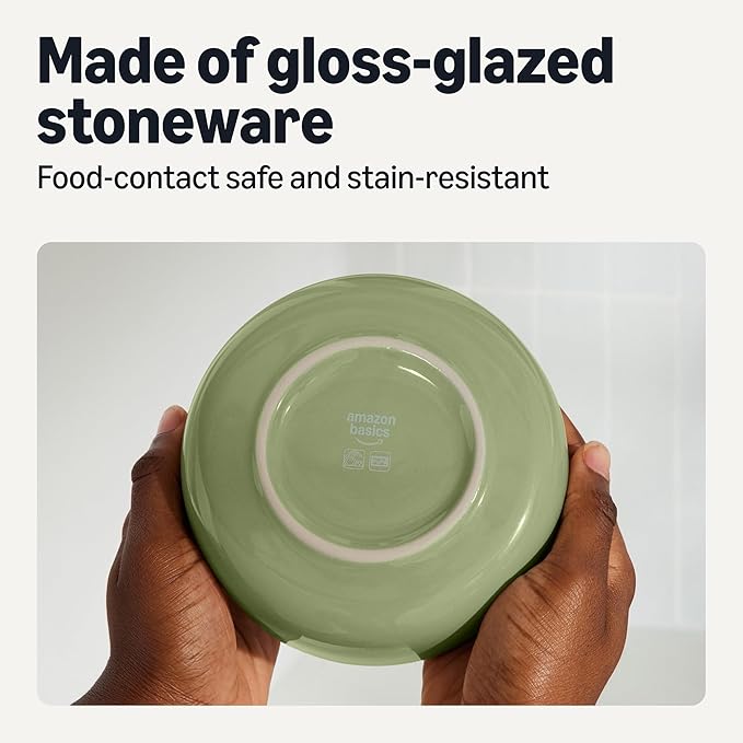 Amazon Basics Glazed Stoneware Bowls 4-Piece Set Microwave and Dishwasher-Safe 20 oz. Capacity 5.5 in. Olive