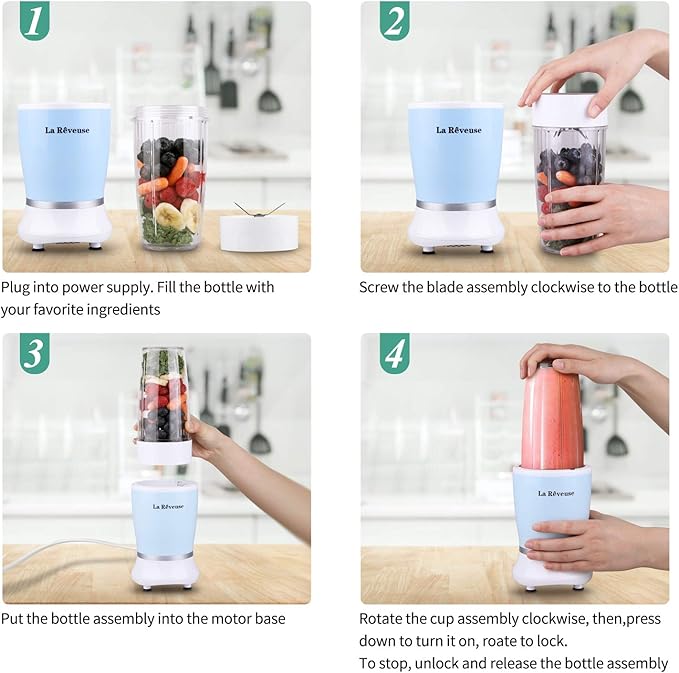 La Reveuse Personal Size Blender 250 Watts Power for Shakes Smoothies Seasonings Sauces with 1 Piece 15 oz Cup1 Piece 10 oz MugBPA-Free (Sky Blue)