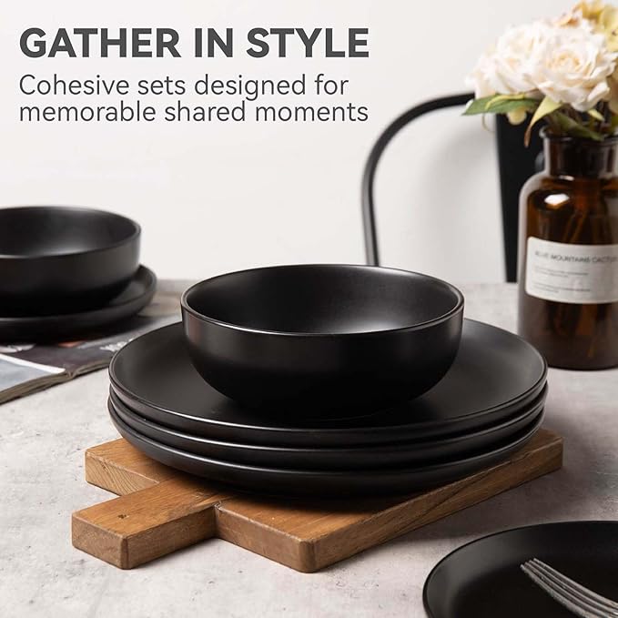 Plates and Bowls Sets 12 Pieces Stoneware Dinnerware Sets with Mugs Stackable Matte Glaze Kitchen Stoneware Plates and Bowls Set for 3 Microwave and Dishwasher Safe(Black)