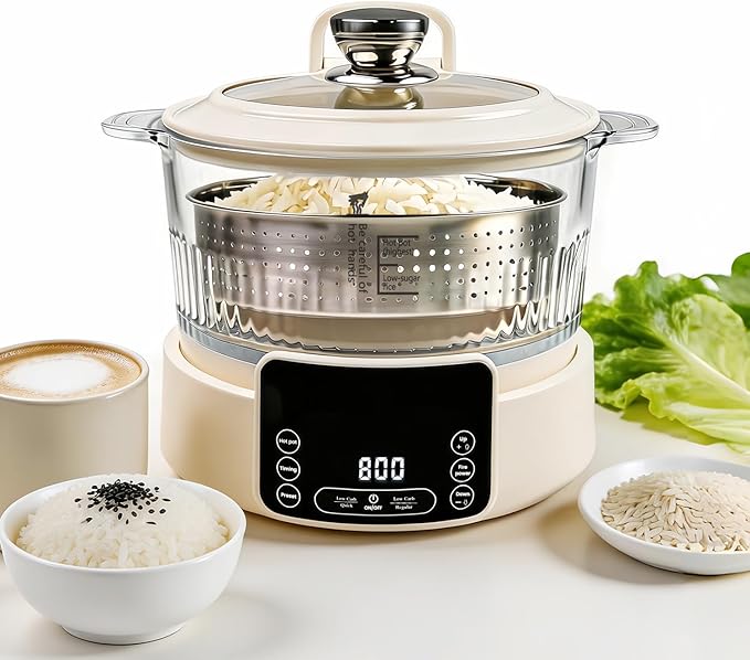 Low Carb Rice Cooker Multifunction Smart Rice Cooker Transparent and Visible food Steamer with Auto Lift Filter Basket (5L)