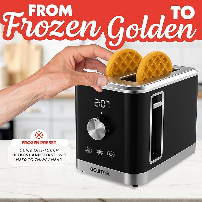Gourmia 2 Slice Toaster – 6 Browning Levels with Bagel and Defrost Mode One-Touch Toasting Removable Crumb Tray Extra Wide Slots Compact Design Black