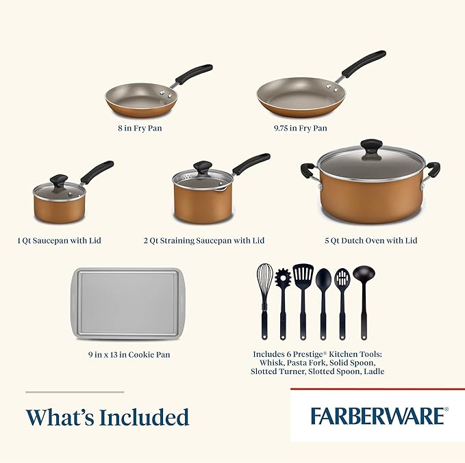Farberware Cookstart DiamondMax Nonstick Cookware/Pots and Pans Set Dishwasher Safe Includes Baking Pan and Cooking Tools 15 Piece - Copper