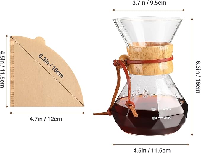 Puricon Pour Over Coffee Maker 15 oz with 40 Paper Filters Glass Coffee Dripper Holds 1 to 2 Cups Carafe Brewer for Home/Cafe Restaurant