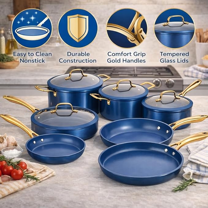 Alpine Cuisine 14-Piece Forged Aluminum Cookware Set with Stainless Steel Handles Induction-Ready Pots &amp Pans Glass Lids with Silicone Rim Blue