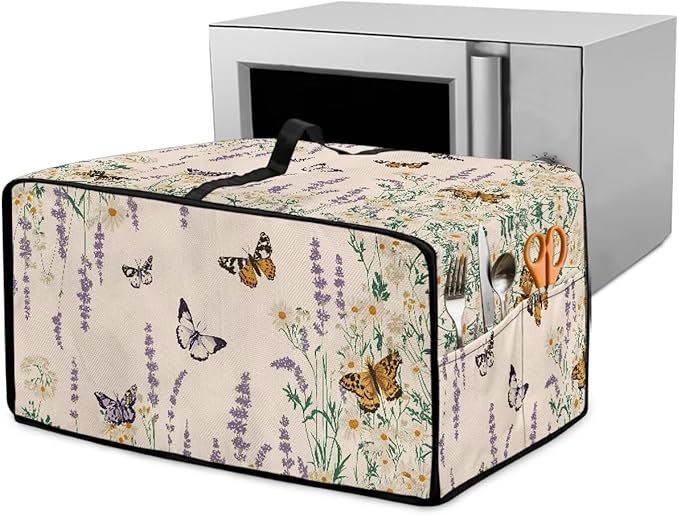 Butterfly Floral Print Toaster Oven Dust Cover with Accessory Pockets Heavy Duty Smart Microwave Oven Protector Heat Resistant Bread Maker Cover Pink