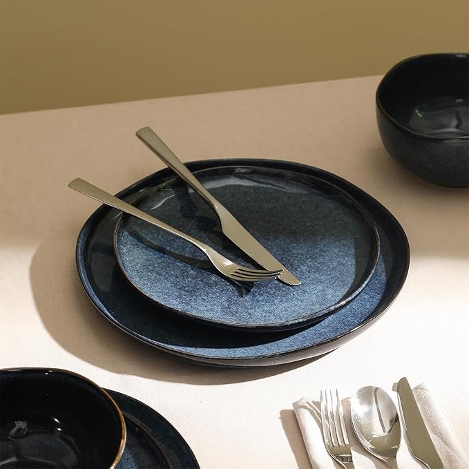 Stone Lain Mirella 24-Piece Stoneware Dinnerware Set Service for 8 – Reactive Glaze Deep Blue – Includes Dinner Plates Salad Plates and Bowls – Modern Organic Design