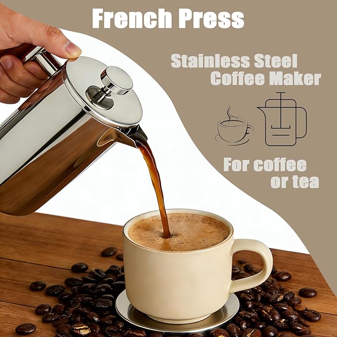 French Press Coffee Maker 27OZ : 304 Grade Stainless Steel Double Walled Insulated Coffee Press with Filter - Heat Resistant Coffee Maker Brewwing tea for Kitchen Travel Office Outdoor Camping