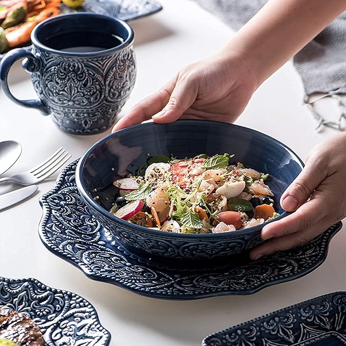 High-End Dinner Set Ceramics Dinner Sets 26 Pieces Porcelain Dinnerware Set | Relief Pattern Cereal Bowl and Steak Plate