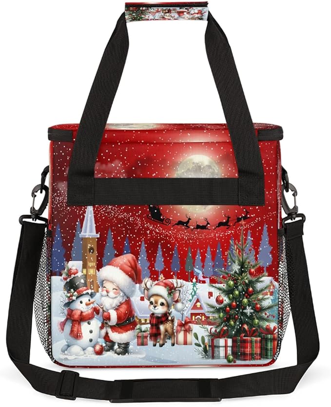Merry Christmas Snow Scene Santa Coffee Maker Carring Bag Travel Carrying Storage Tote Bag Compatible with Keurig K-Mini or K-Mini Plus Portable Single Serve Coffee Brewer Case with Pockets