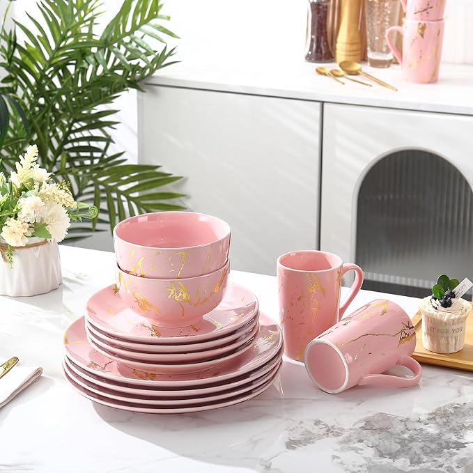 Porcelain Dinnerware SetPlates and Bowls Sets with MugsGold Plate Dish SetPink Dinnerware Set for 4Dinner Sets with Dinner Plates.