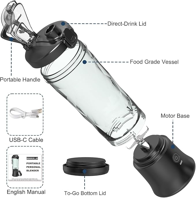 DENOKIN Portable Blender 20oz Vessel Cordless Personal Size Blend with 6 Blade and a Travel Lid (Elegant Black)
