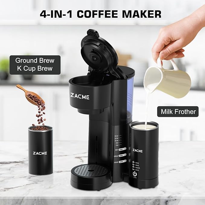 ZACME 4IN1 Single Serve Coffee Maker with Milk Frother &amp Grinder Small Coffee Machine for K Cup &amp Ground 28oz Water Tank 6 to 14 oz Brew Sizes Self-cleaning Function Adjustable Drip Tray
