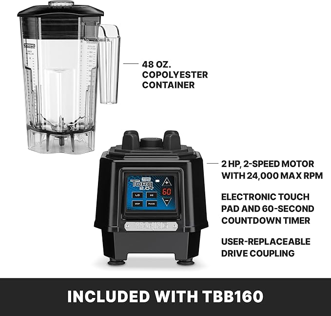 Waring Commercial TBB160 TORQ 2 Horsepower Blender Electronic Keypad with 60-Second Countdown Timer and a 48 oz. BPA Free Copolyester Container 120V 5-15 Phase PlugBlack