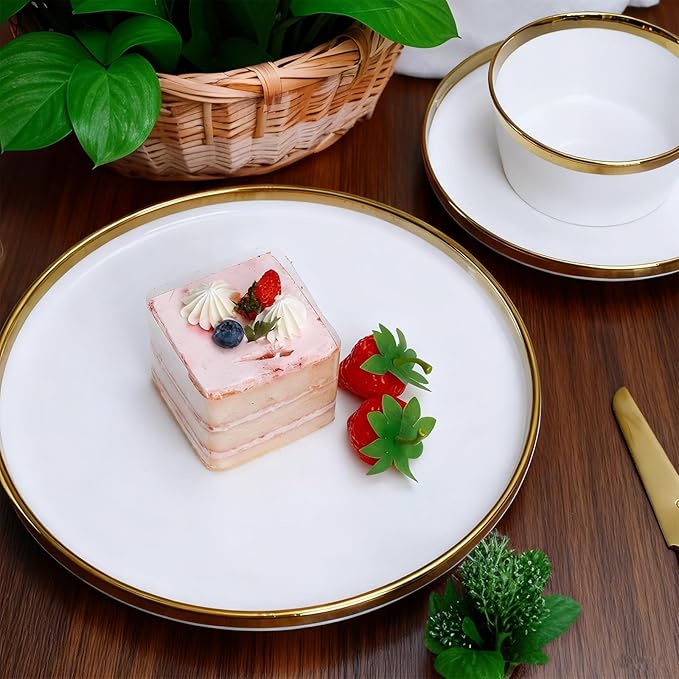 12 Pieces white and Gold Porcelain Dinnerware Set Plates and Bowls | Dinner and Salad Plates Ramen Bowls Dishes for 4 | Chip and Crack Resistant | Dishwasher &amp Microwave Safe Dishes Set