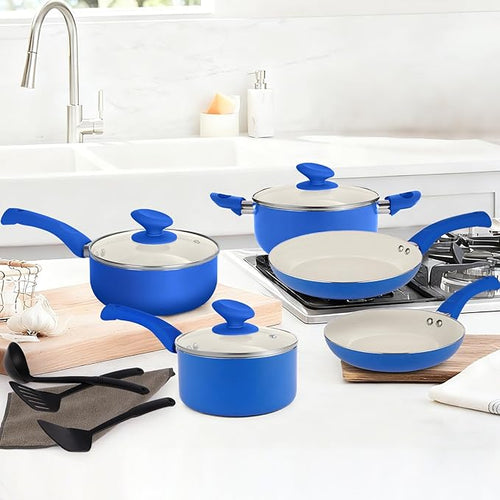 12-Piece Pots and Pans Set Nonstick Ceramic Cookware Set with Stay-Cool Bakelite Handles Non-Toxic Induction Cooking Set Cobalt Blue Kitchen Essentials PFOA &amp PTFE Free