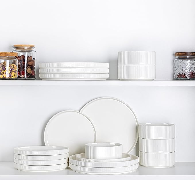 TheTerra Ceramic Dinnerware Sets for 8 24 Pieces Porcelain Lightweight Plates and Bowls Sets Scratch Resistant Dish Set Oven &amp Microwave &amp Dishwasher Safe Bright White