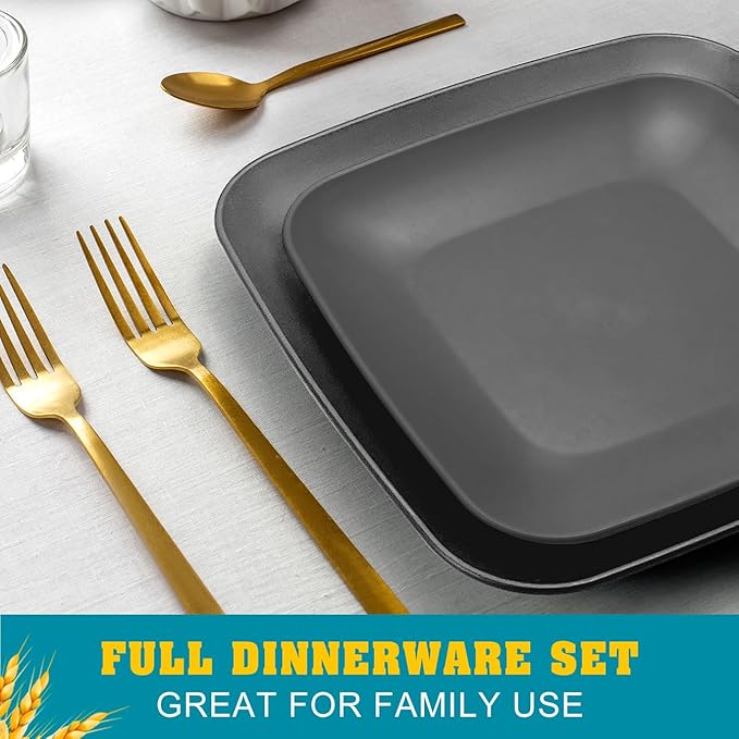 Teivio 48-piece Wheat Straw Square Dinnerware Set for 12 Unbreakable Dinner Plates Salad Plates Snack Bowls Tumblers 20 oz Dishwasher Safe Grey
