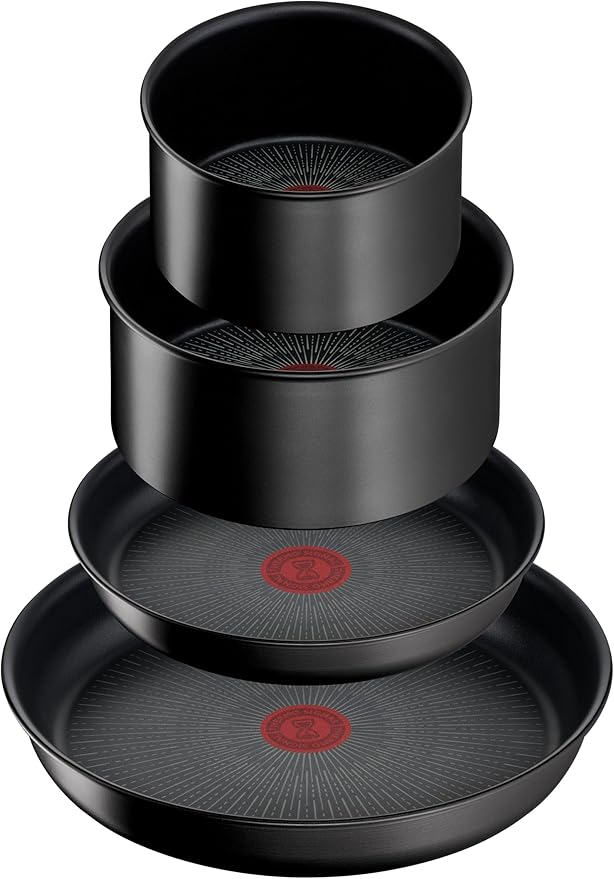 Tefal Ingenio Unlimited On 5 Piece Set Pots &amp Pans Set Stackable Easy Cleaning Bakelite Removable Handle Non-Stick Coating Heat Indicator Induction Black L3959543