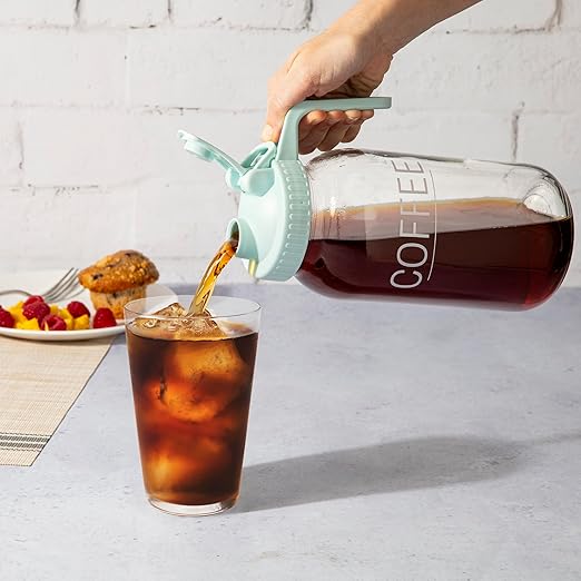 Primula Mason Jar Cold Brew Iced Coffee Maker with Stainless Steel Filter and Easy Pour Lid Durable Glass Pitcher Fits in Most Fridge Doors Dishwasher Safe Made without BPA 2-Quart Aqua