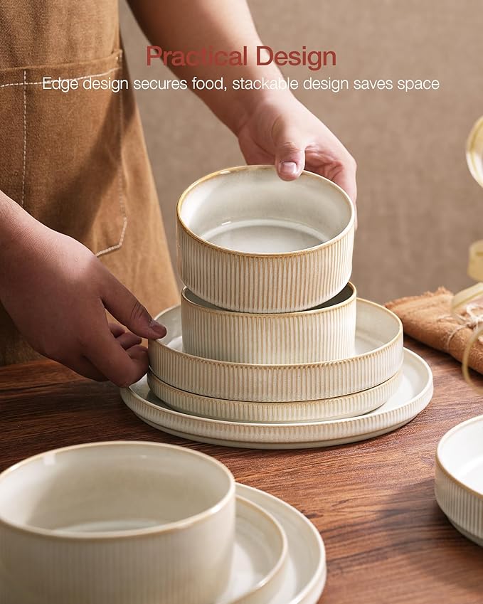 Famiware Star Dinnerware Set with Plates and Bowls Service for 6 (24-Piece) Stoneware Kitchen Dishes Dinner Sets - Cappuccino White