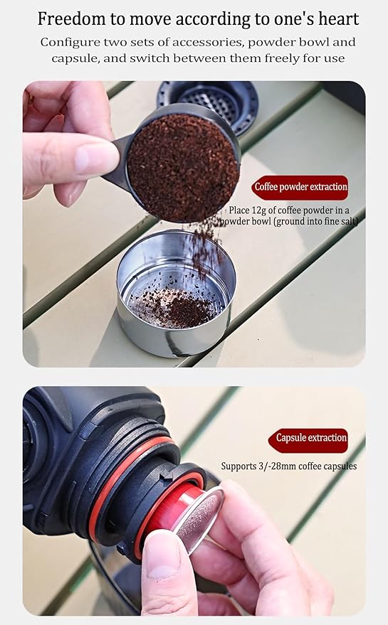 Portable Hand press Coffee Maker with with Capsule Compartment and Coffee Powder Bowl &amp Travel Mug - Compact Espresso Machine for Home Travel Manual Coffee Brewing