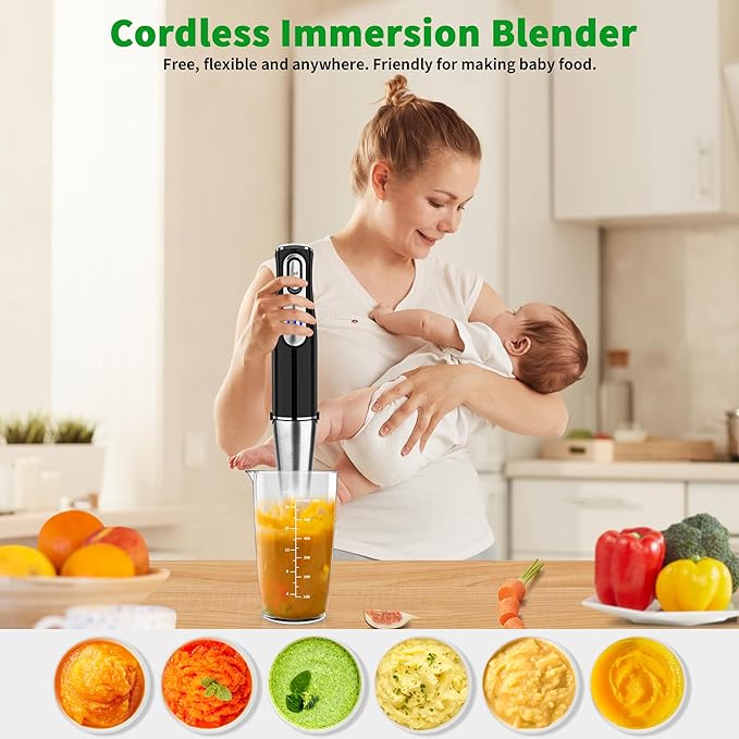 Cordless Immersion Blender Handheld Rechargeable 4 In 1 Electric Hand Blender Stick Blender Variable Speed with Chopper Beaker Whisk Stainless Steel Blade for Soup Baby Food Smoothies
