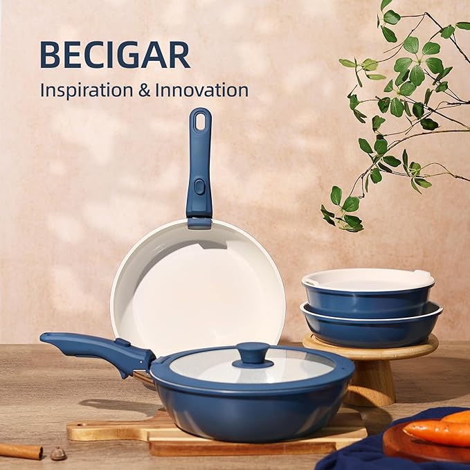 23pcs Ceramic Pots and Pans Set Nonstick Detachable Handle Cookware Induction Kitchen Cooking Set with Removable Handleinclude Frying Pans &amp Saucepans Oven Safe(Blue)