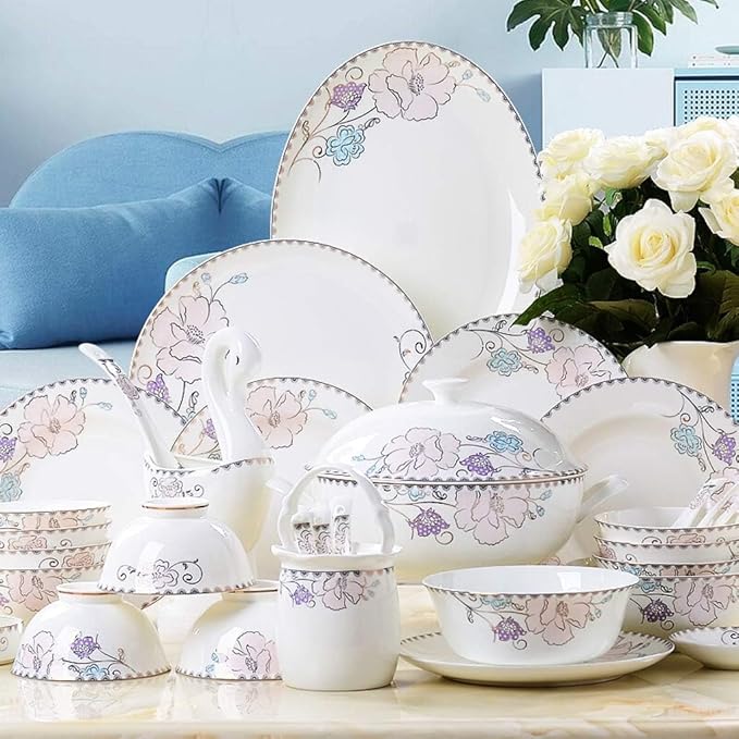 Dinnerware Set Dinner Set Plates and Bowls Set Bowl/Dish/Soup Pot/Spoon|Bone China Dinner SetsPurple Flower Pattern Porcelain Combination Set(