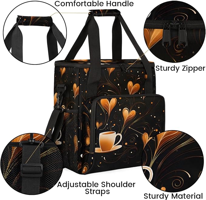 Coffee Love Heart Coffee Maker Travel Bag for Keurig K-Mini/K-Mini Plus Insulated Waterproof Tote with Pockets for K-Cup Portable Single-Serve Brewer Case