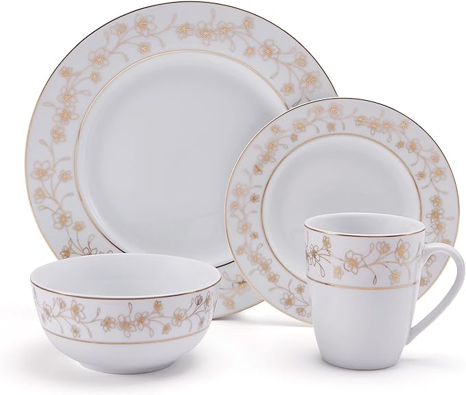 Mikasa Floral Metallic Gold 32 Piece Dinnerware Set Service For 8 White