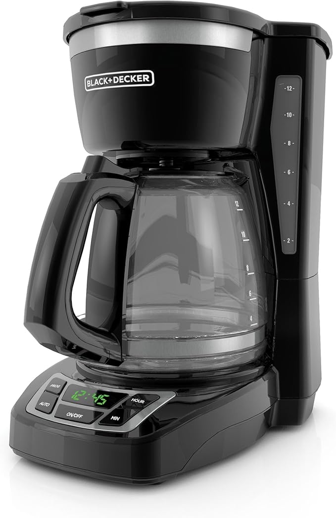 BLACK+DECKER 12-Cup Digital Coffee Maker Programmable Washable Basket Filter Sneak-A-Cup Auto Brew Water Window Keep Hot Plate Black