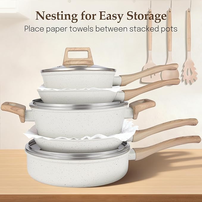 Pots and Pans Set Non Stick Non-Toxic Ceramic Cookware Set 11pcs Induction Cookware Kitchen Cooking Set with Frying Pans Saucepan Stock Pot PFOA Free &amp PFOS Free Cream Color